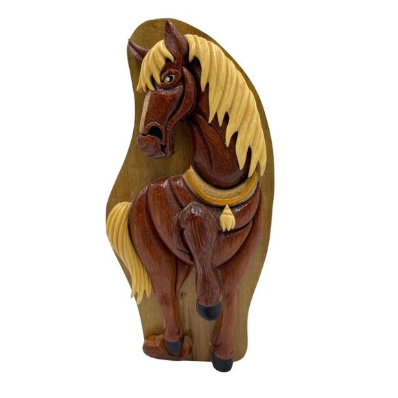 Carved Wooden Horse Puzzle Box With Velvet-Lined Secret Hidden Compartment - Picture 9 of 16